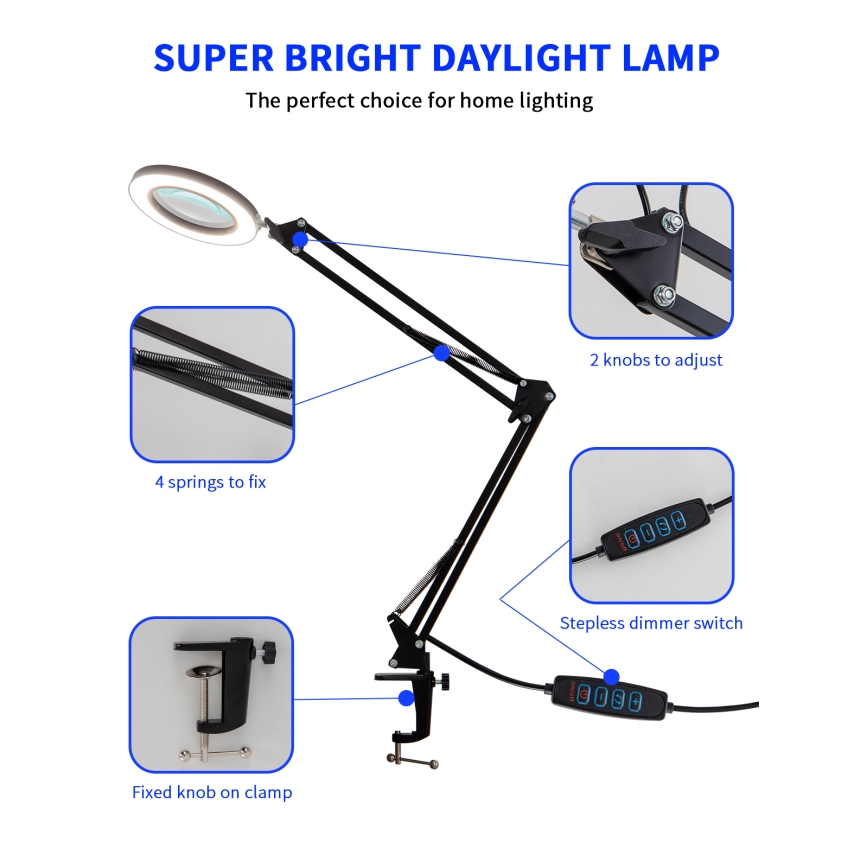 Brilagi - LED Aptumšojama galda lampa ar palielināmo stiklu LENS LED/12W/5V 3000/4200/6000K melna