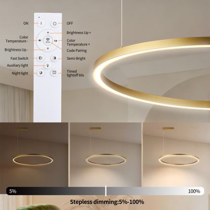 Brilagi - PORTOFINO LED lustra ar regulējamu spilgtumu uz troses LED/60W/230V 3000-6000K Ø 80 cm zelta + tālvadības pults