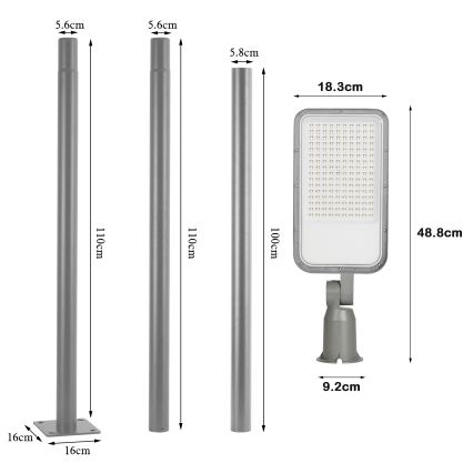 Brilagi - LED āra ielu lampa ar 3 m stabu un locītavu URBANLIGHT LED/100W/230V pelēka IP65