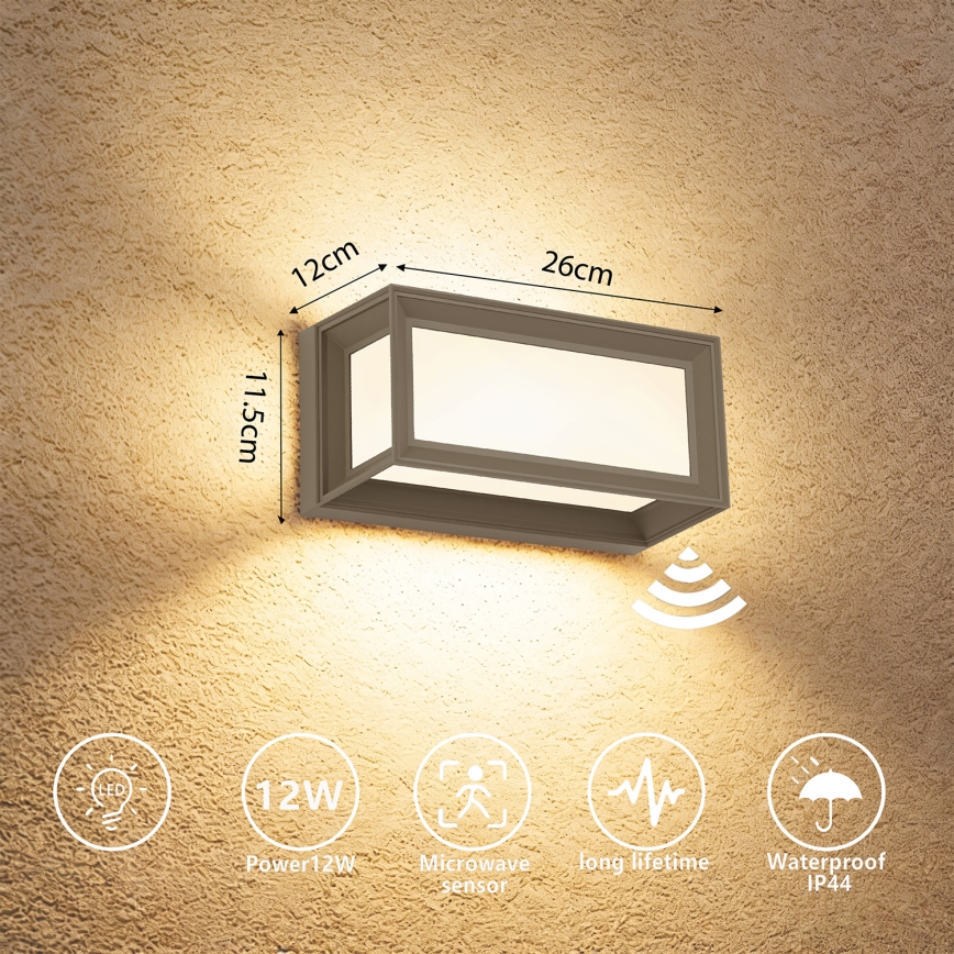 Brilagi - LED āra sienas gaismeklis ar sensoru PARKER LED/12W/230V pelēks IP44