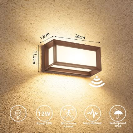 Brilagi - LED āra sienas gaismeklis ar kustību sensoru PARKER LED/12W/230V brūns IP44