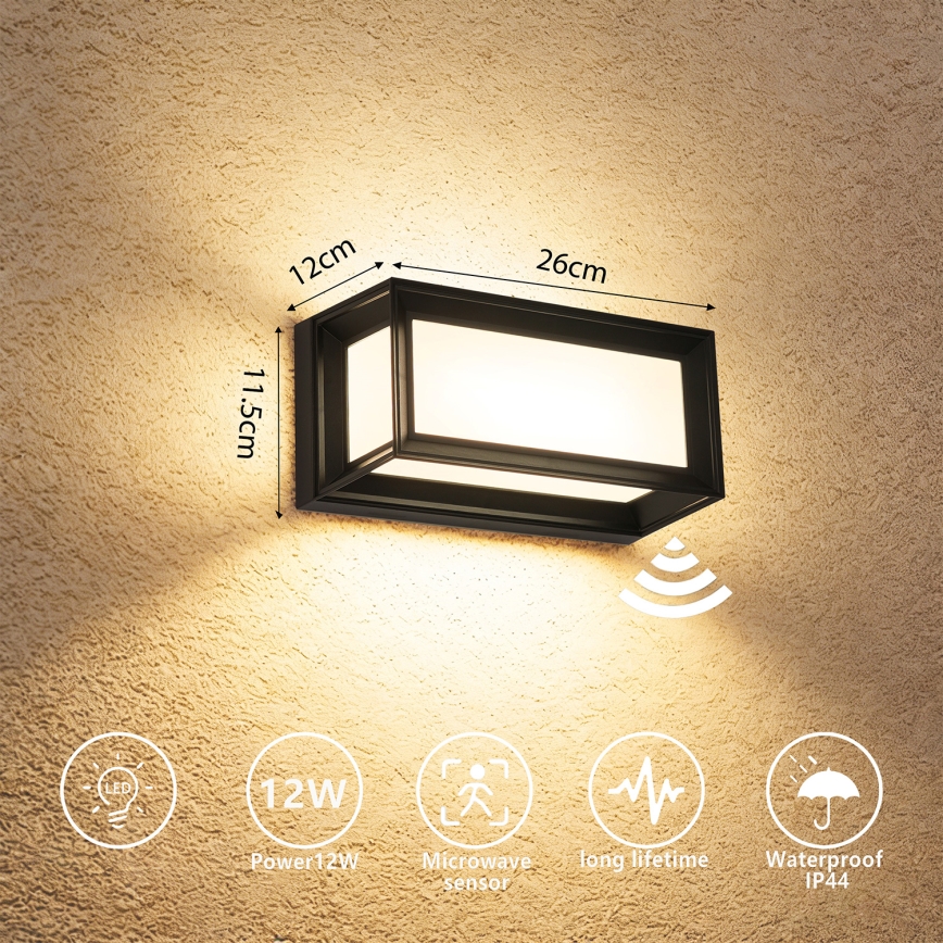Brilagi - LED Āra sienas gaismeklis ar sensoru PARKER LED/12W/230V melns IP44