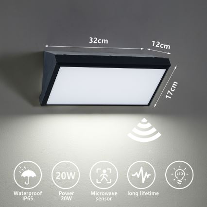 Brilagi - LED āra sienas gaismeklis ar sensoru TRIANGLE LED/20W/230V melns IP65