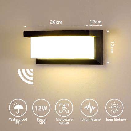 Brilagi - LED Āra sienas lampa ar sensoru BRICKY LED/12W/230V melna IP54