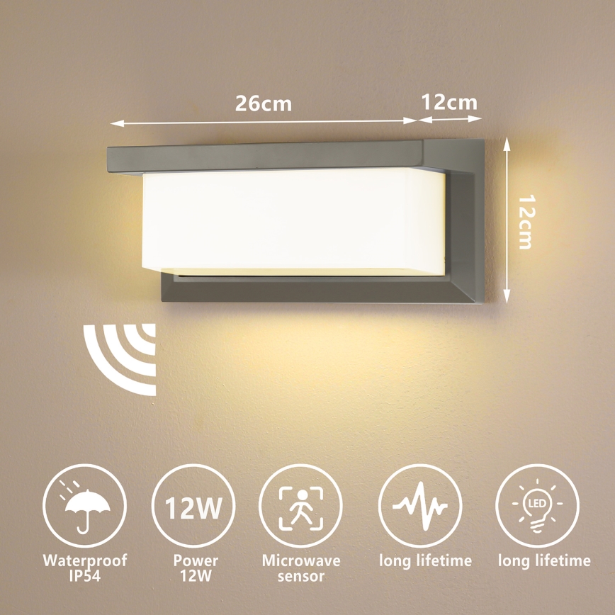 Brilagi - LED Āra sienas lampa ar sensoru BRICKY LED/12W/230V pelēka IP54