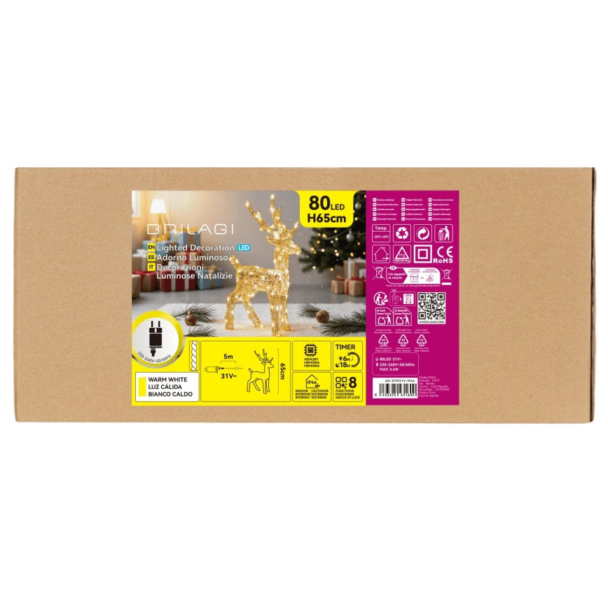 BRILAGI - LED Āra Ziemassvētku dekorācija LED/3,6W/8 funkcijas 65 cm IP44 ziemeļbriedis silti balta
