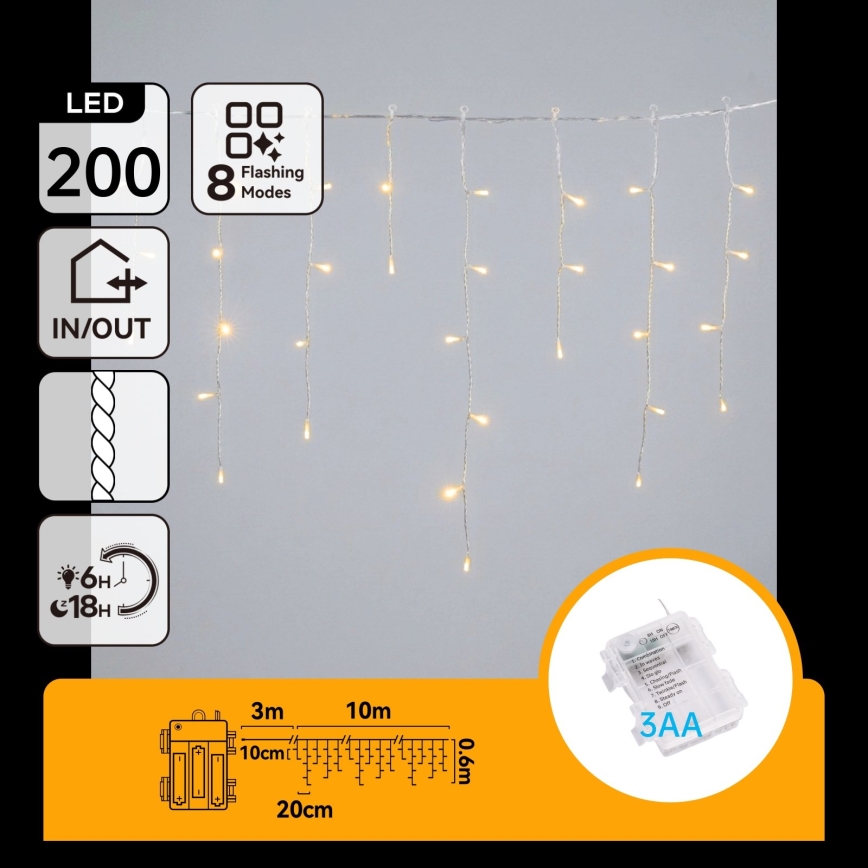 BRILAGI - LED āra Ziemassvētku virtene 200xLED/3xAA/8 funkcijas 13x0,6m IP44 silti balta