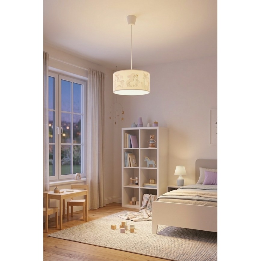 Brilagi - LED bērnu pakaramā lampa uz kabeļa BOBO 1xE27/60W/230V Ø 35 cm balta/ar vienradžiem