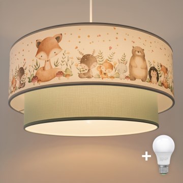 Brilagi- LED bērnu lustra uz troses BOBO 1xE27/60W/230V Ø 40 cm balta/zaļa/ar dzīvnieku motīvu