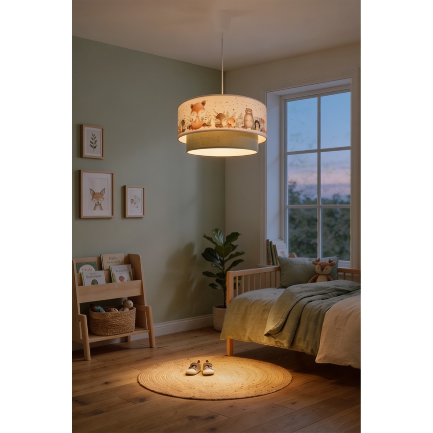 Brilagi - LED bērnu lustra uz kabeļa BOBO 1xE27/60W/230V Ø 40 cm balta/zaļa/ar dzīvnieku motīviem