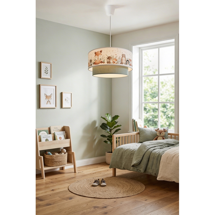 Brilagi - LED bērnu lustra uz kabeļa BOBO 1xE27/60W/230V Ø 40 cm balta/zaļa/ar dzīvnieku motīviem