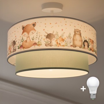 Brilagi-LED Bērnu virsmas griestu lampa BOBO, 1xE27/60W/230V, Ø 40 cm, balta/zaļa/ar dzīvnieku motīvu