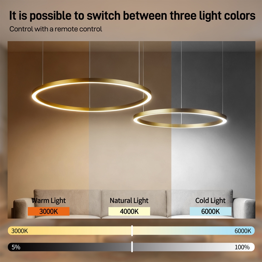 Brilagi - LED lustrs ar regulējamu spilgtumu uz troses PORTOFINO LED/98W/230V 3000-6000K zelta + ar tālvadības pulti