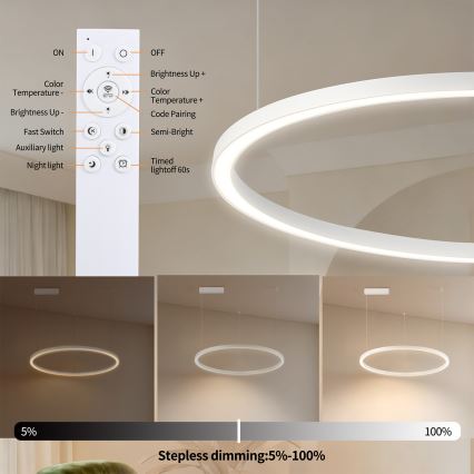 Brilagi - regulējama LED lustra uz troses PORTOFINO LED/60W/230V 3000-6000K Ø 80 cm balta + tālvadības pults