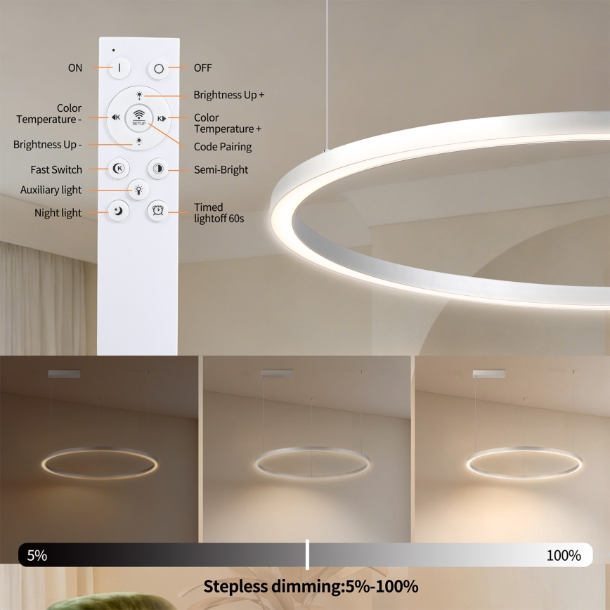 Brilagi - regulējama LED lustra uz kabeļa PORTOFINO LED/60W/230V 3000-6000K pr. 80 cm sudraba + tālvadības pults