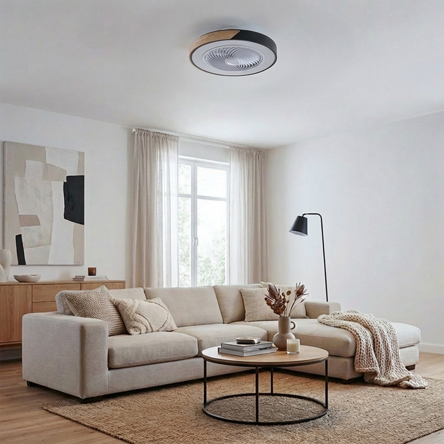 Brilagi - LED dimmējams griestu gaismeklis ar ventilatoru LED/30W/230V 3000-6500K Ø 50 cm melns/ozols + ar tālvadības pulti