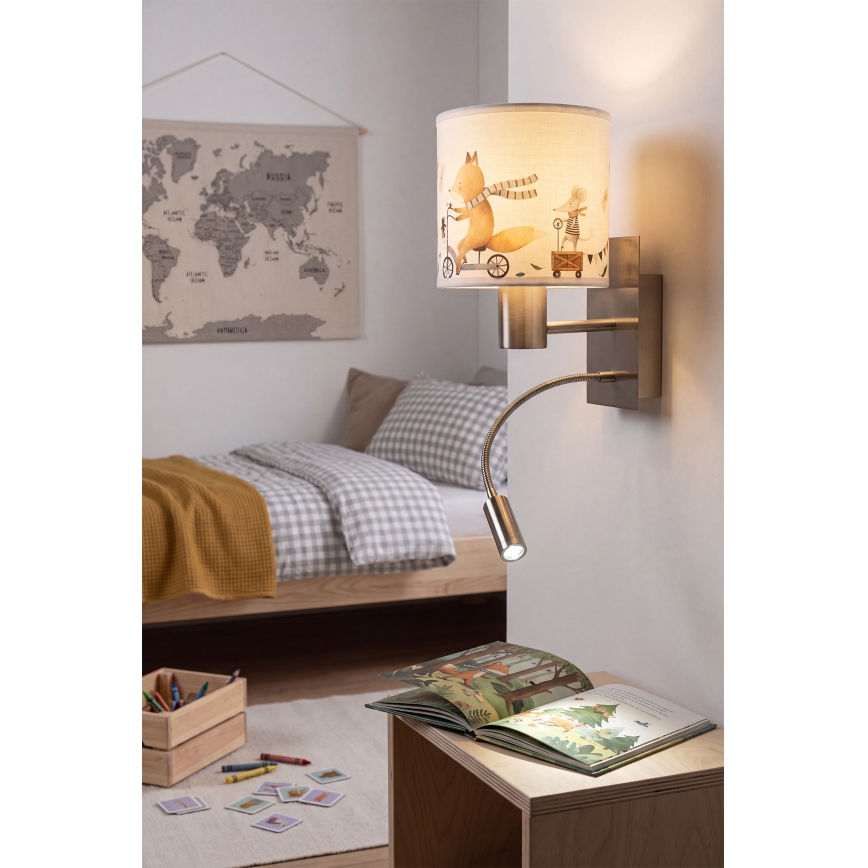 BRILAGI - LED bērnu elastīga sienas lampa BOBO 1xE27/25W/230V + LED/3W matēts hroms/balta/dzīvnieku motīvi
