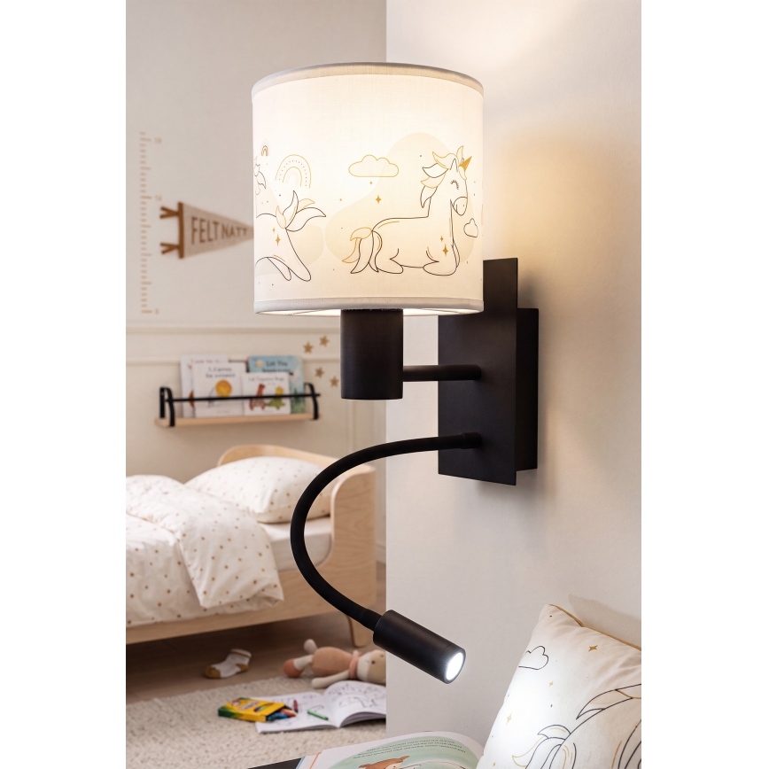 BRILAGI - LED lokana bērnu sienas lampa BOBO 1xE27/25W/230V + LED/3W melna/balta/ar vienradžiem