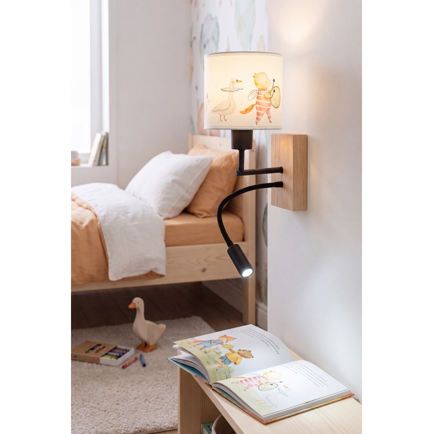 BRILAGI - LED bērnu locāma sienas lampa BOBO WOOD 1xE27/25W/230V + LED/3W ozols/melna/balta/dzīvnieciņi
