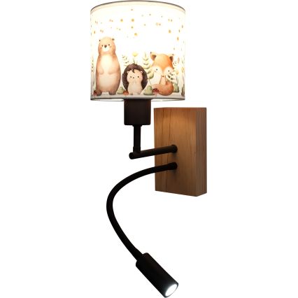 BRILAGI - LED bērnu regulējama sienas lampa BOBO WOOD 1xE27/25W/230V + LED/3W ozols/melna/balta/ar dzīvnieku motīviem