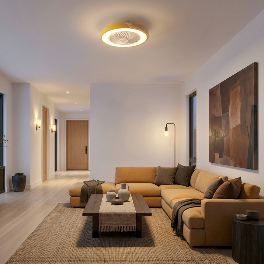 Brilagi - LED regulējams griestu gaismeklis ar ventilatoru LED/38W/230V 3000–6500K Ø 50 cm zelta/ozols + tālvadības pults