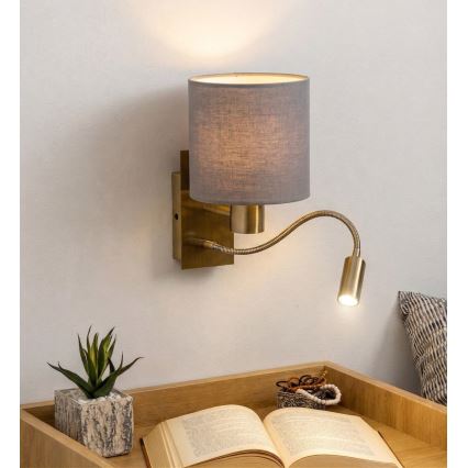 Brilagi - LED elastīga sienas lampa NUBILA 1xE27/25W/230V + LED/3W misiņš/gaiši pelēka