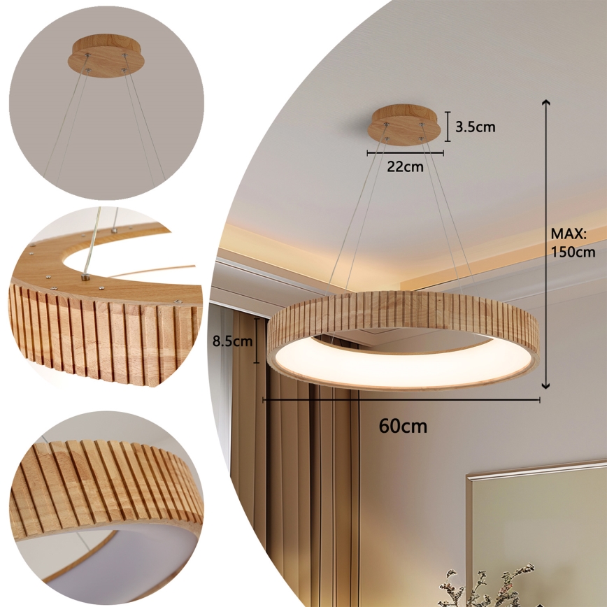 Brilagi - LED pakaramā lustra uz troses FALCON WOOD MODERN LED/40W/230V 3000/4000/6000K Ø 60 cm, koka