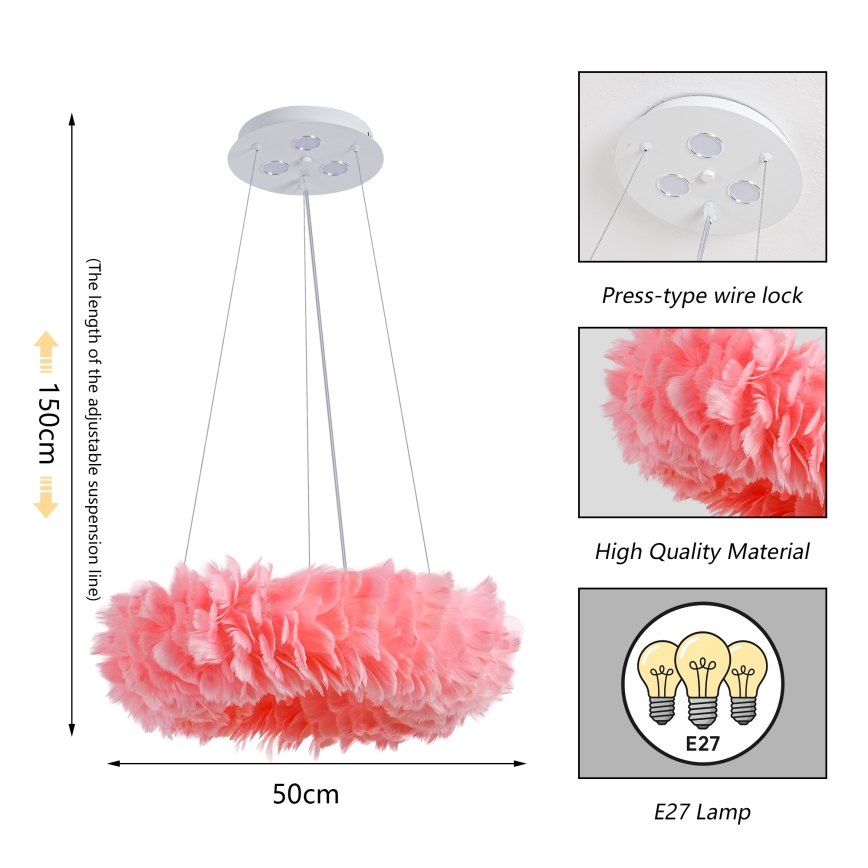 BRILAGI - LED lustra uz kabeļa FEATHER 3xE27/40W/230V + 3xLED/3W pr. 50 cm rozā