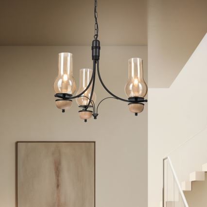 Brilagi - LED lustra uz ķēdes COTTAGE 3xE14/40W/230V ozolkoka/melna/dūmota bēša