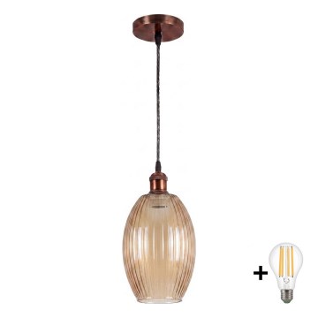 BRILAGI - LED lustrs uz kabeļa RETRO GLASS 1xE27/60W/230V pr. 17 cm vara / dūmakaini bēša