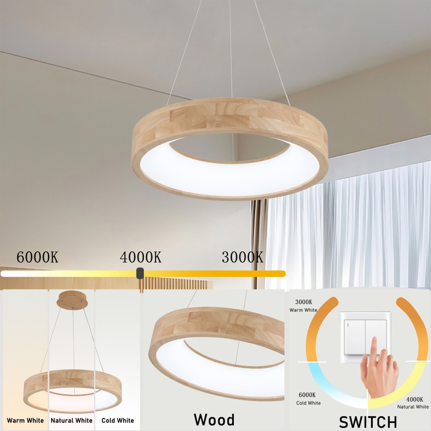 Brilagi - LED piekaramā lustra uz troses FALCON WOOD LED/30W/230V 3000/4000/6000K Ø 45 cm, koka