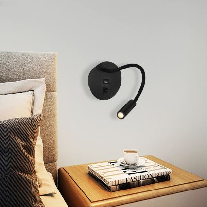 Brilagi - LED Pielāgojama sienas lampa ar USB portu MAYA LED/3W/230V 4000K melna
