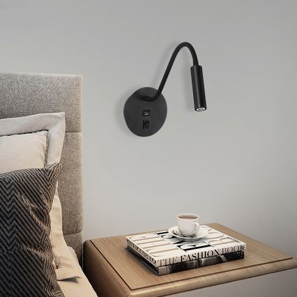Brilagi - LED Pielāgojama sienas lampa ar USB portu MAYA LED/3W/230V 4000K melna