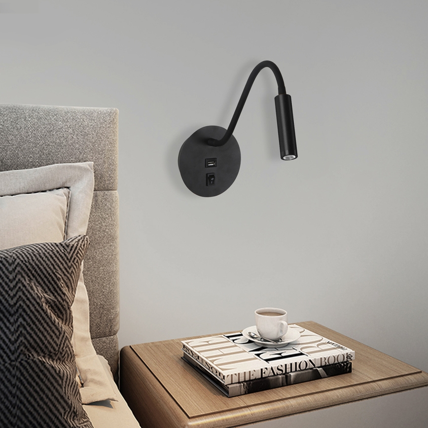Brilagi - LED Pielāgojama sienas lampa ar USB portu MAYA LED/3W/230V 4000K melna