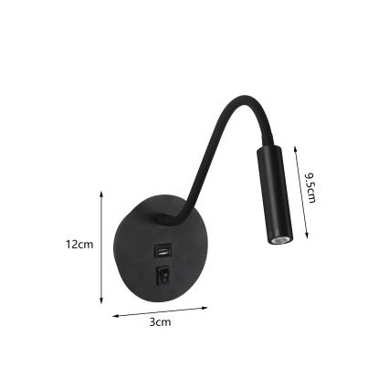 Brilagi - LED Pielāgojama sienas lampa ar USB portu MAYA LED/3W/230V 4000K melna