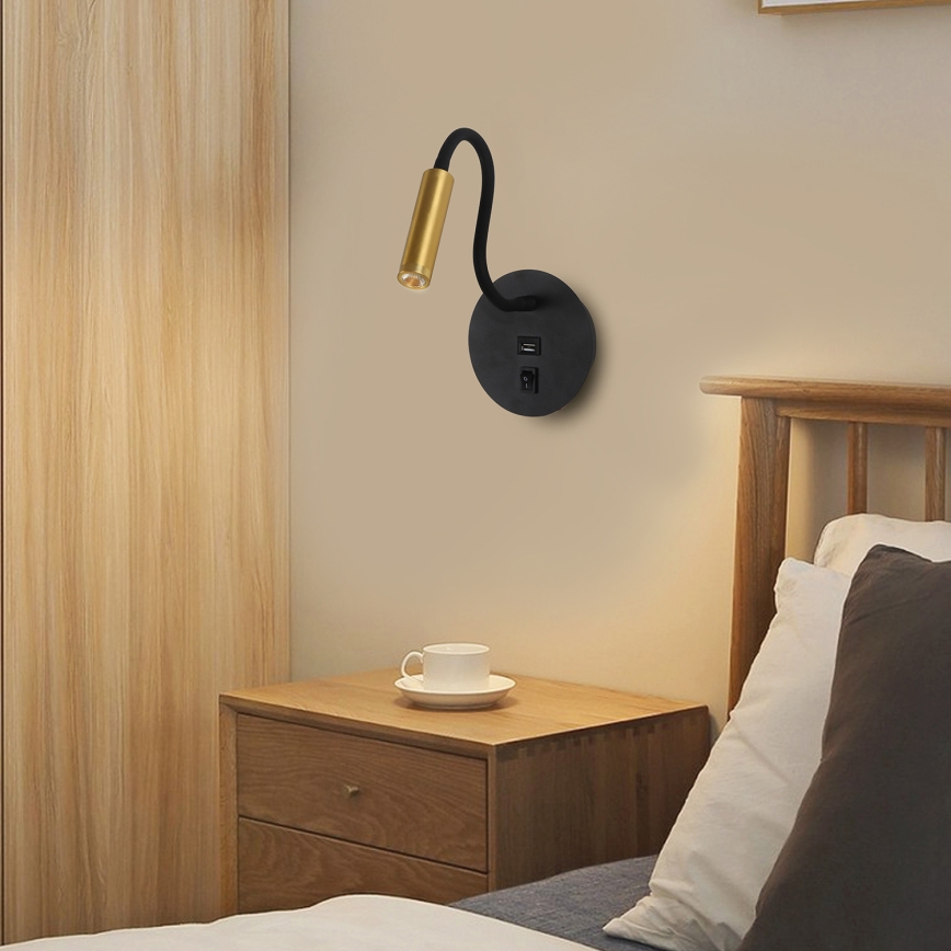 Brilagi - LED Pielāgojama sienas lampa ar USB portu MAYA LED/3W/230V 4000K melna/zelta
