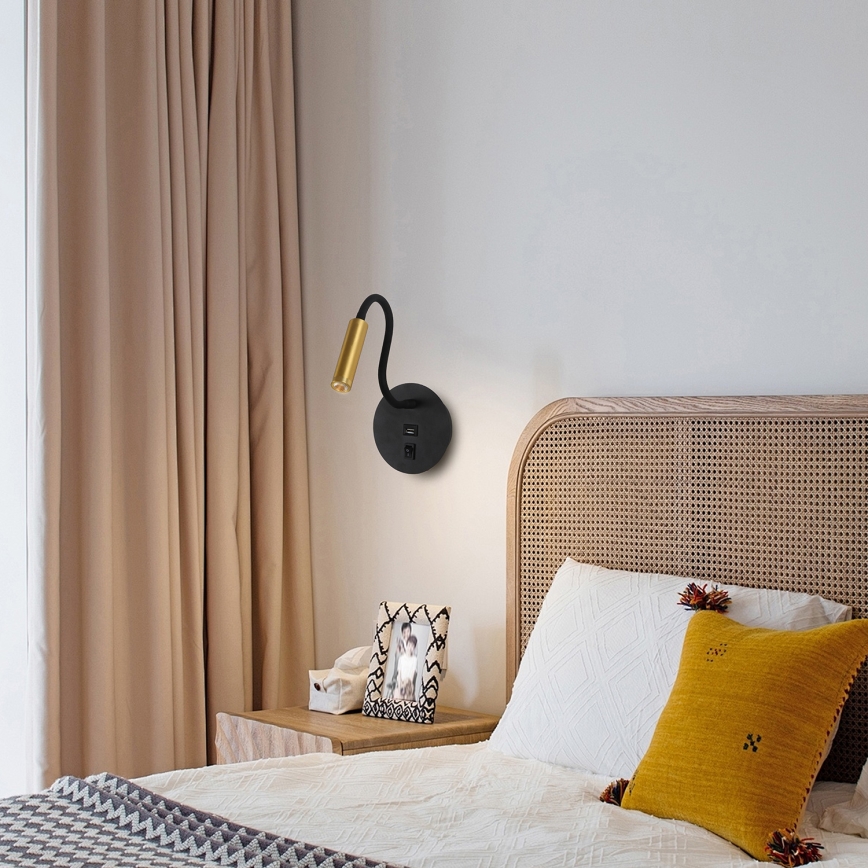 Brilagi - LED Pielāgojama sienas lampa ar USB portu MAYA LED/3W/230V 4000K melna/zelta