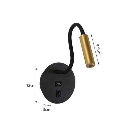 Brilagi - LED Pielāgojama sienas lampa ar USB portu MAYA LED/3W/230V 4000K melna/zelta