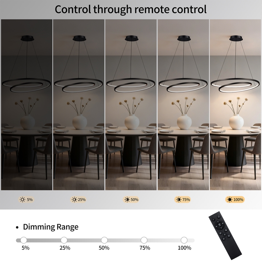Brilagi - Regulējama LED lustra uz troses TWISTER LED/105W/230V 3000-6000K Ø 100 cm melna + ar tālvadības pulti