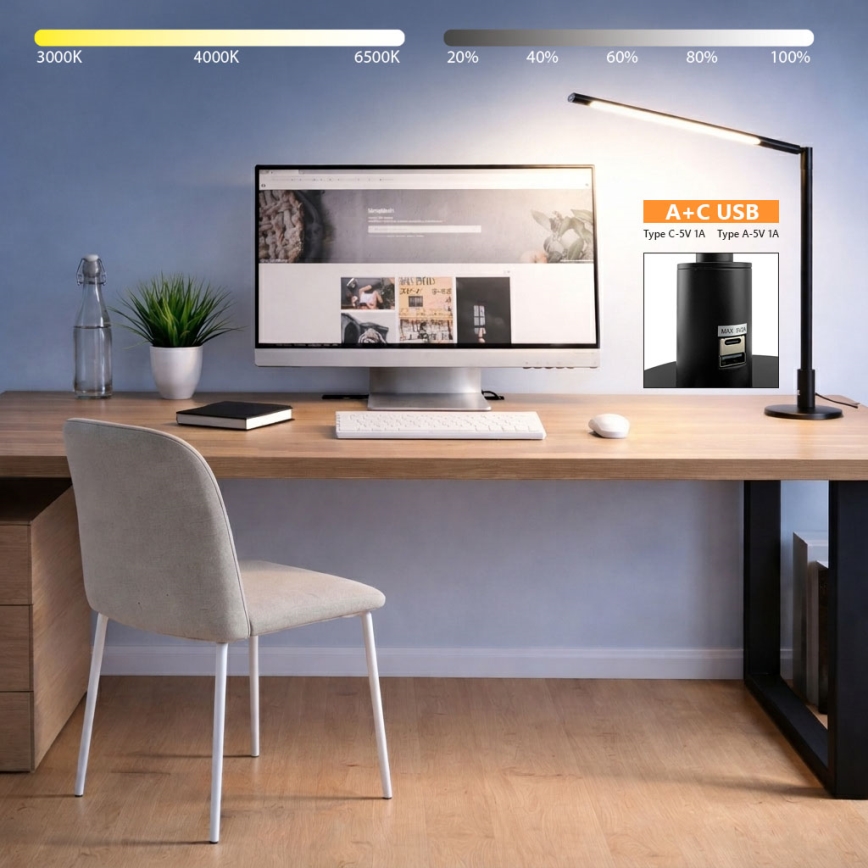 Brilagi - LED regulējama skārienvadāma galda lampa ar USB portiem VARIO LED/7W/230V 3000-6500K CRI 96 melna