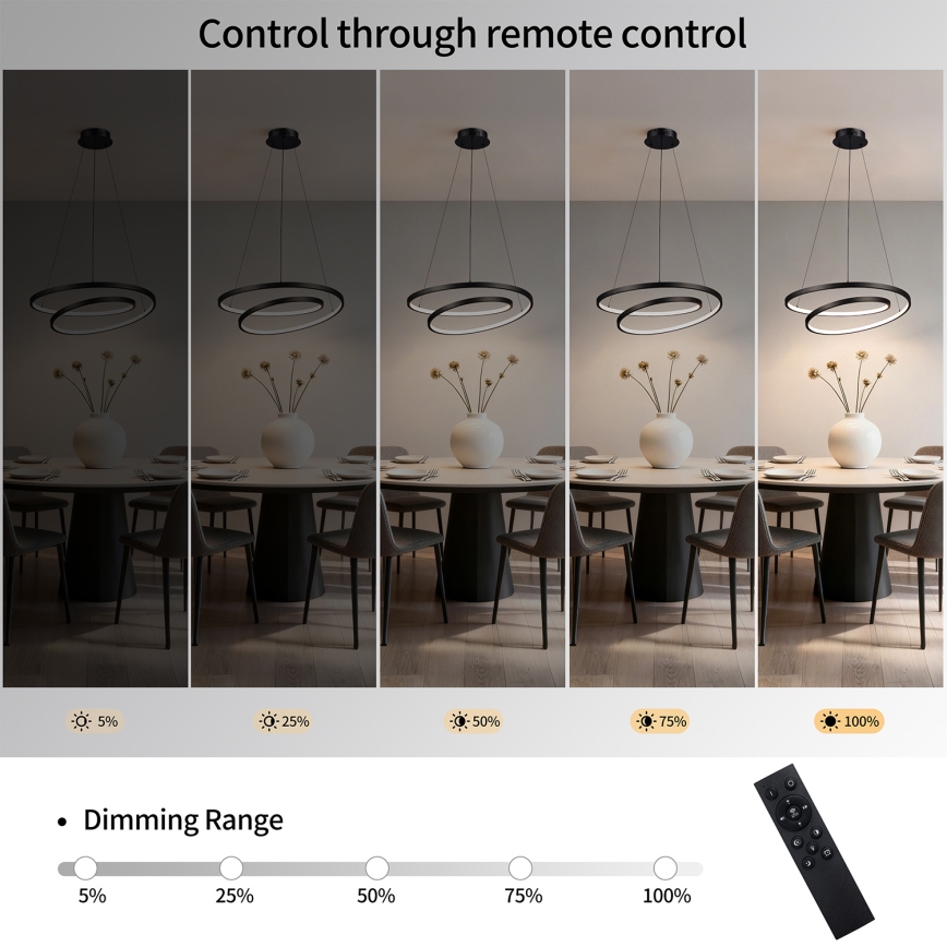 Brilagi - LED lustra ar regulējamu spilgtumu uz troses TWISTER LED/48W/230V 3000-6000K diametrs 50 cm melna + ar tālvadības pulti