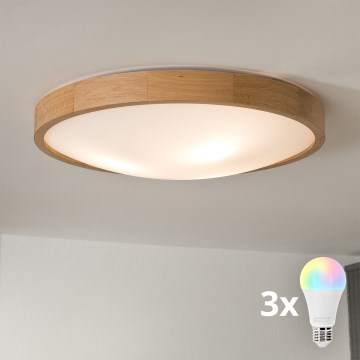 Brilagi - LED RGBW aptumšojama griestu lampa CARVALHO SLIM 3xE27/15W/230V 2700-6500K Wi-Fi ozols Ø 47 cm