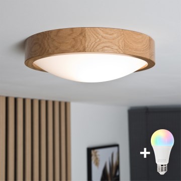 Brilagi - LED RGBW dimmējams griestu gaismeklis CARVALHO SLIM 1xE27/9W/230V 2700–6500K Wi-Fi ozols Ø27 cm