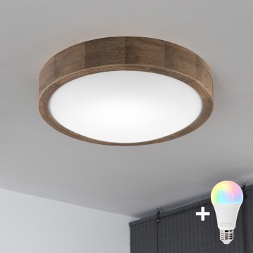 Brilagi - LED RGBW regulējama griestu lampa CARVALHO SLIM 1xE27/9W/230V 2700-6500K Wi-Fi ozols, diam. 27 cm