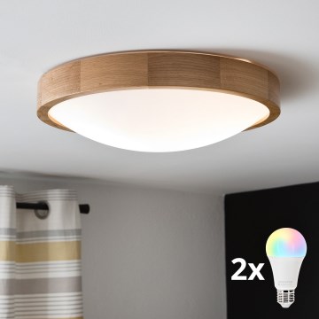 Brilagi - LED RGBW regulējama griestu lampa CARVALHO SLIM 2xE27/9W/230V 2700-6500K Wi-Fi, ozola apdare, Ø 37 cm