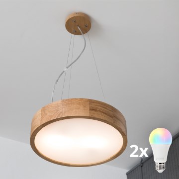 Brilagi - LED RGBW regulējama lustra uz troses CARVALHO 2xE27/9W/230V 2700-6500K Wi-Fi, ozols, Ø 37 cm
