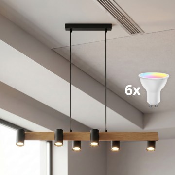 BRILAGI - LED RGBW regulējams piekaramais lustrs uz troses SELE 6xGU10/6,5W/230V 2700-6500K melns/ozola dekors + tālvadības pults
