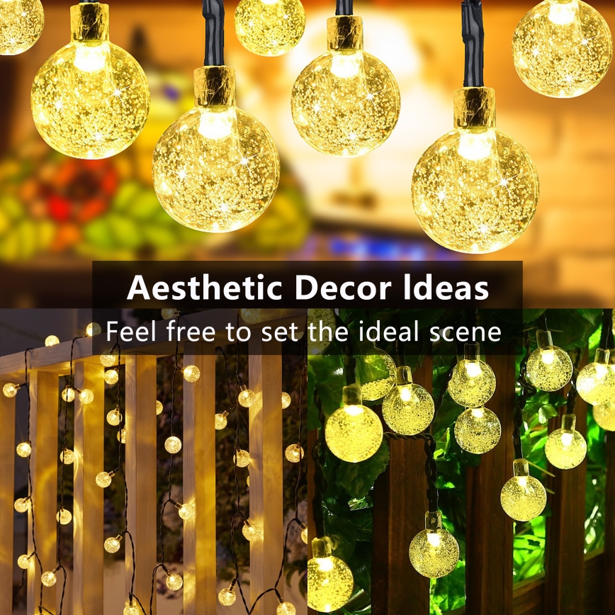 BRILAGI - LED saules darbināmā dekoratīvā virtene BUBBLE, 200 LED, 8 režīmi, 20 m, IP65, silti balta, 800 mAh