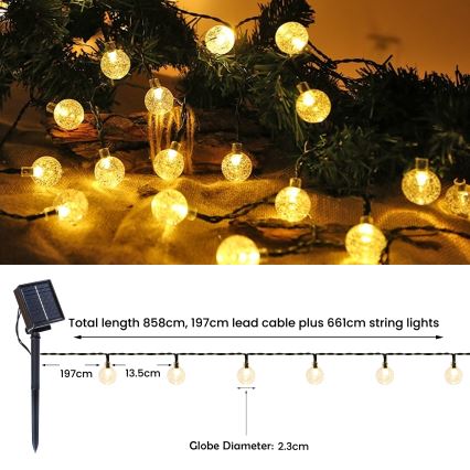 BRILAGI - LED saules darbināmā dekoratīvā virtene BUBBLE, 200 LED, 8 režīmi, 20 m, IP65, silti balta, 800 mAh