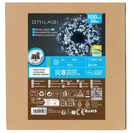 BRILAGI - LED saules darbināta Ziemassvētku virtene 500xLED/8 funkcijas 52m 1200 mAh IP65 auksti balta